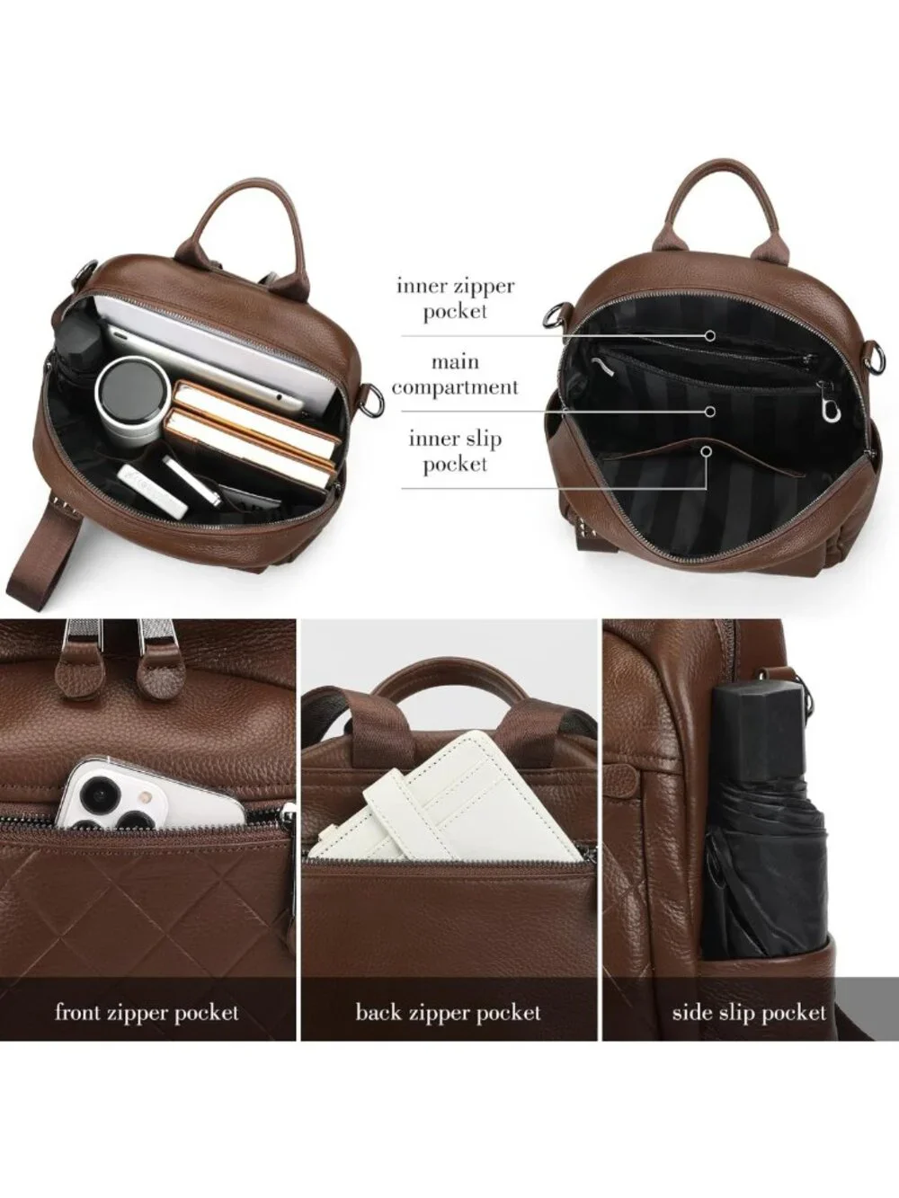 Stylish Quilted Genuine Leather Backpack Purse for Women - Multi-functional
